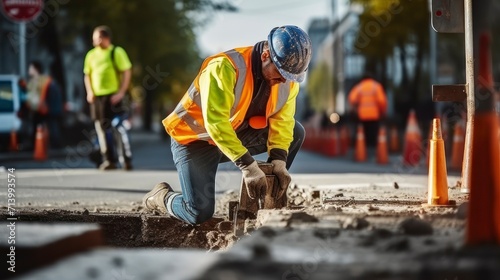Photographie A Worker's Commitment to Safe Roadworks on Busy Streets