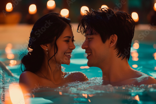 Young asian couple in love in hot tub spa relax