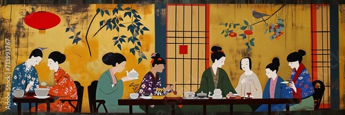 traditional Japanese dining scene in an illustrated style:  Traditional Japanese Dining Illustration
