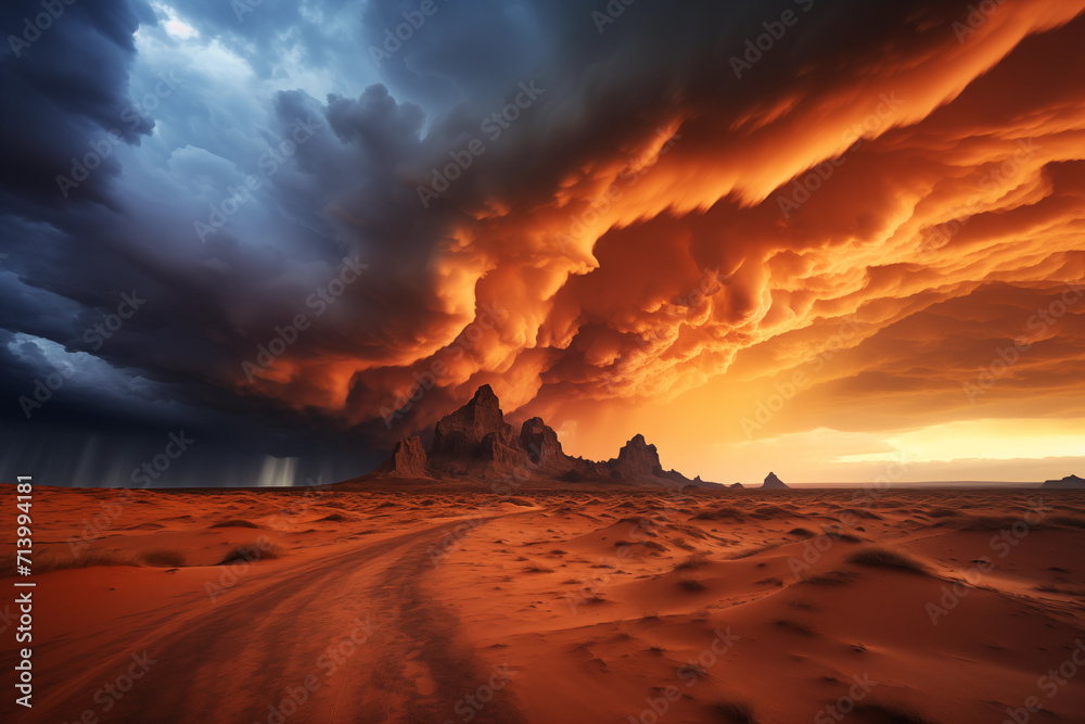 Naklejka premium Perfect storm over the desert - dramatic photo realist illustration