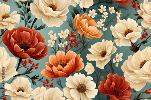  flowers seamless pattern. Poppies, chicory, cosmos flowers, bluebells.