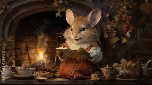 Brambly hedge a rabbit drinking cocoa by the fire Ai generated art