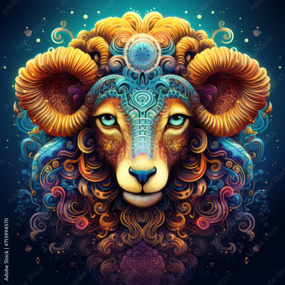 Sheep Head Abstract Colorful Animal God Magic Bright Artistic Fantasy Mystique Digital Generated Illustration