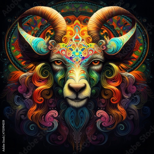 Goat Head Abstract Colorful Animal God Magic Bright Artistic Fantasy Mystique Digital Generated Illustration