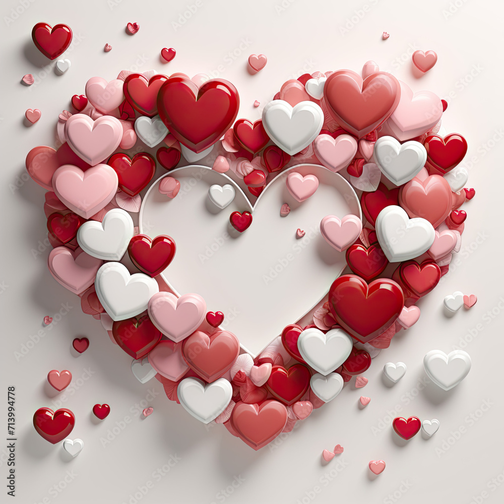 greeting card for valentines day, white background , 3d hearts frame illustration