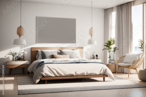 Coastal Interior home design of modern bedroom with white bed and empty mockup poster frames on the wall