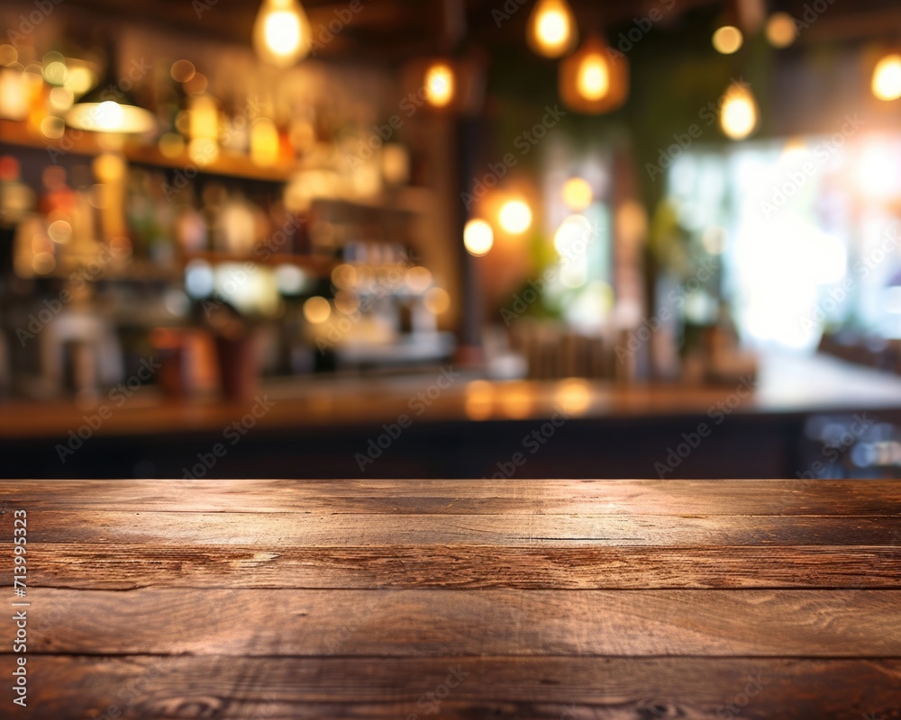 Blurred Kitchen Background with Vintage Bar Table Top for Hipster Eatery