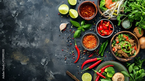 Asian food background with various ingredients on rustic stone background , top view. Vietnam or Thai cuisine.