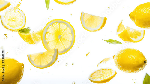 fresh lemon fruits flying through the picture isolated against white background photo