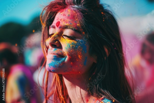 Woman with a peaceful expression, adorned with Holi festival colors