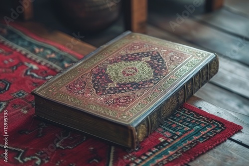 Ancient Quran book placed on a wooden bench in nature