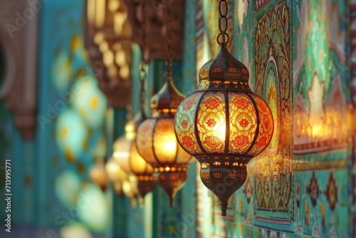 Elegant Ramadan lanterns with intricate designs hanging indoors