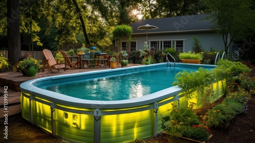 Cool off in a creatively designed stock tank pool, nestled in the refreshing ambiance of a green backyard photo