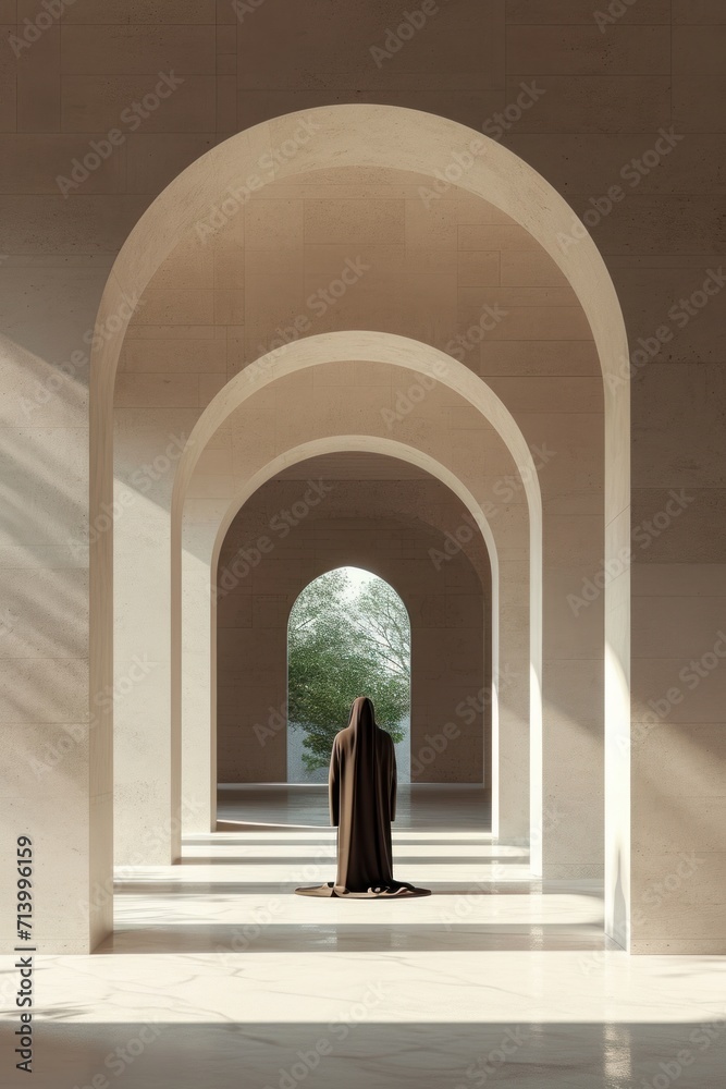 A solitary figure stands in contemplation in a modern mosque's sunlit archway.