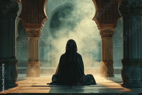 Silhouette of a person praying in a mosque, with ethereal smoke and ornate columns