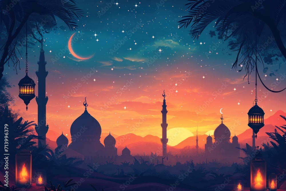 An artistic silhouette of a mosque under a starry sky with a crescent moon