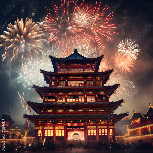 Chinese building with colorful fireworks above it for Chinese New Year