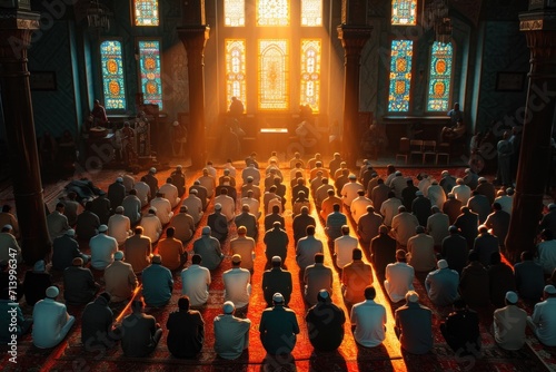 Worshippers bathed in golden light during a prayer session inside a mosque.