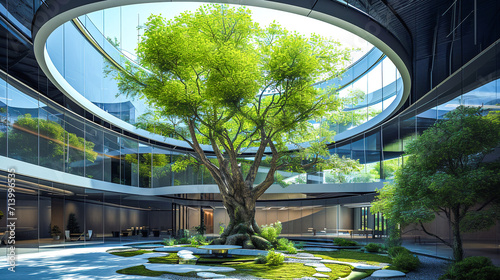 Sustainable green building in modern city. Biophilic architecture concept.