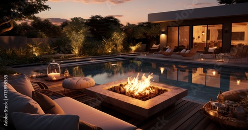 The Harmonious Blend of a Fire Pit Near the Serene Pool Area