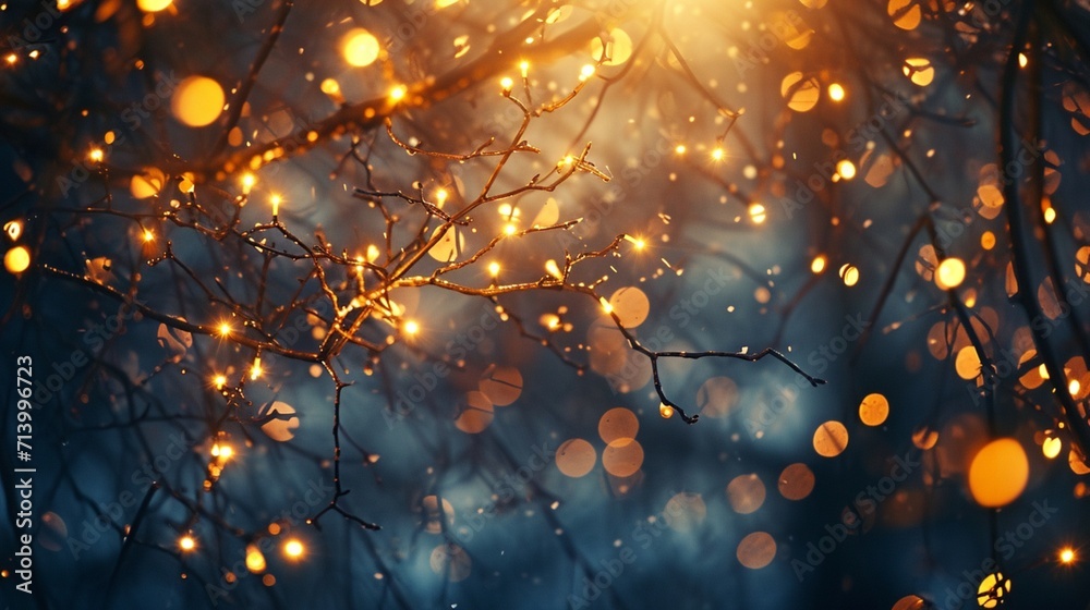 Blurred lights shining amongst tree branches background