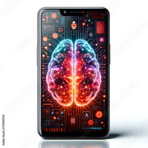 Téléphone affichant un cerveau intégré à un circuit électronique idéal pour article, blogs traitant de : l' intelligence artificielle, Piraterie, sécurité informatique, virus, hacker, hacking, pirate