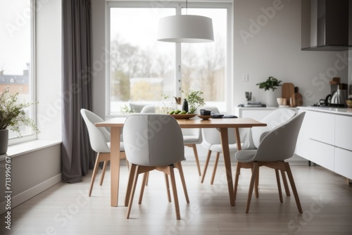 Scandinavian Interior home design of modern dining room with wooden dining table and gray chairs