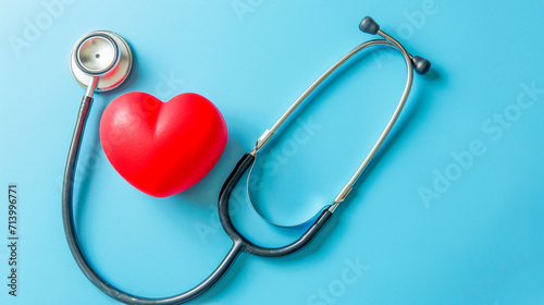 Health care concept. Stethoscope near heart on blue background.