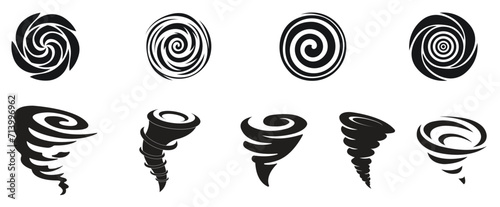 Creative vector illustration of hurricane indication side and spiral view icon symbol set isolated on transparent background. Art design vortex, typhoon, tornado funnel, wind storm. photo