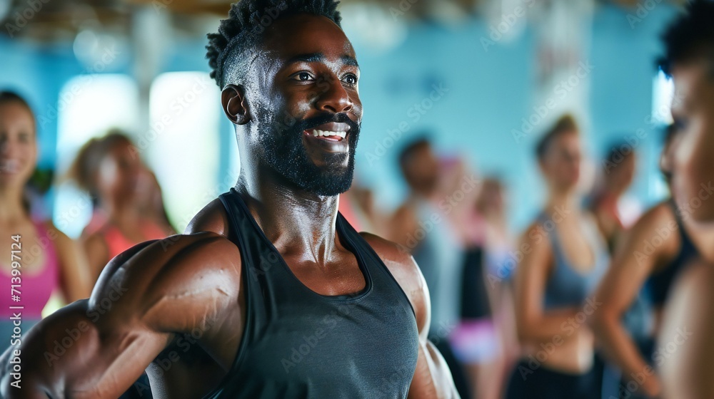 Motivated Fitness Instructor Leading a Workout Class in Gym