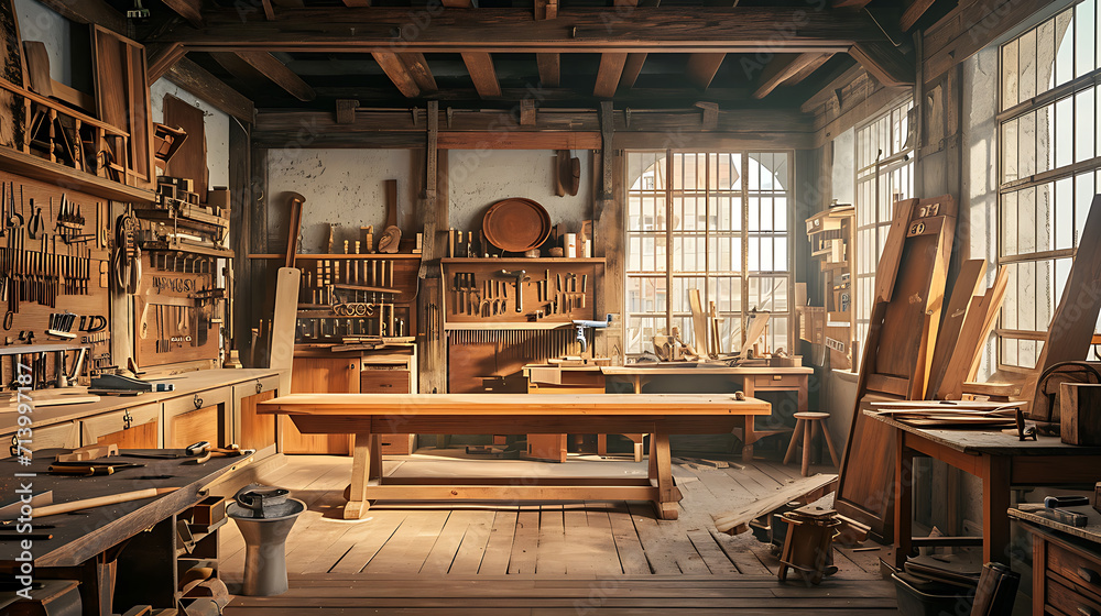  woodworking workshop with tools, wood and woodworking equipment, in the style of large-scale canvas, soft atmospheric perspective, 