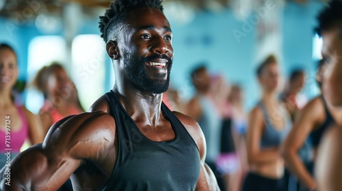 Motivated Fitness Instructor Leading a Workout Class in Gym