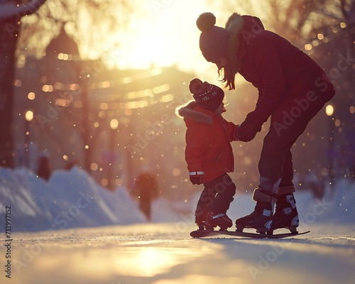 Joyful Winter Moment with Mother Teaching Child to Ice Skate