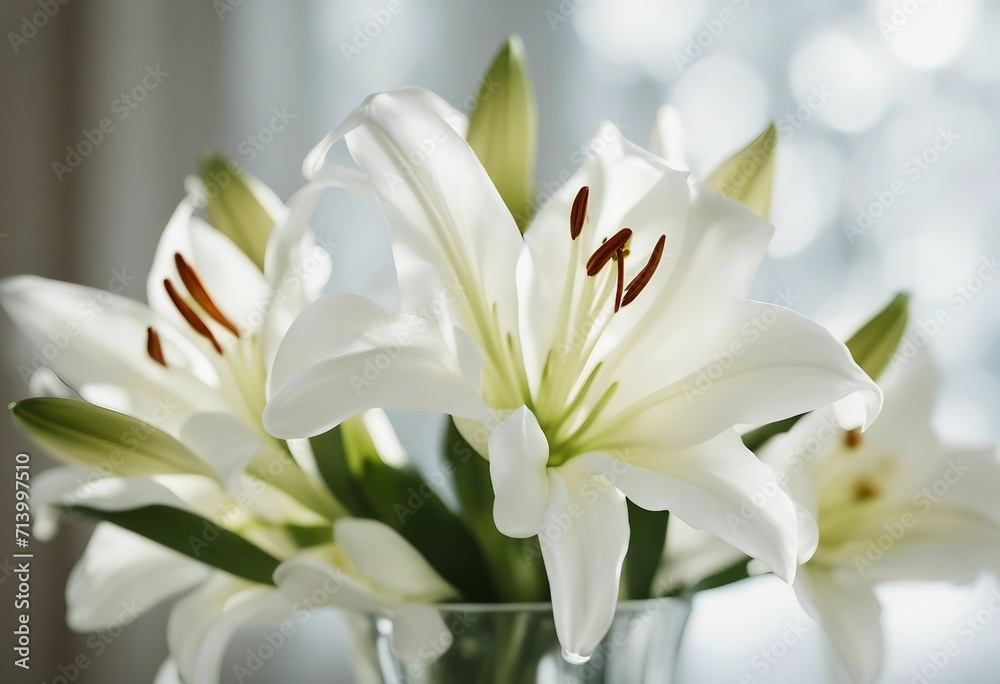 Beautiful white lilies on light background symbol of gentleness purity and virtue closeup