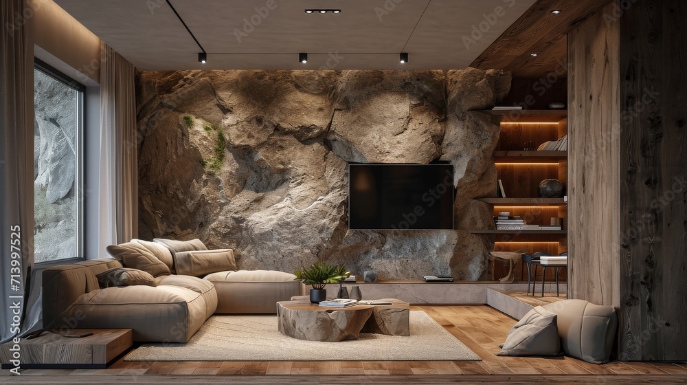 A corner of the living room with beige sofa and television, for a warm family room.