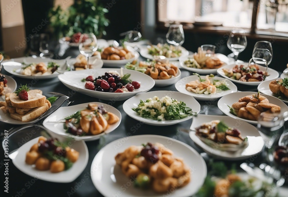 Buffet Table with dishware waiting for guests catering eat food wedding