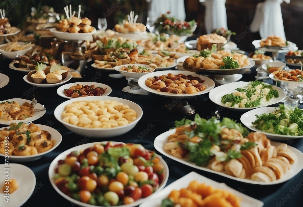 Catering wedding buffet for events Wedding Reception Buffet Food Buffet Table with dishware waiting Catering wedding buffet for events Wedding Reception Buffet Food Buffet Table with dishware waiting