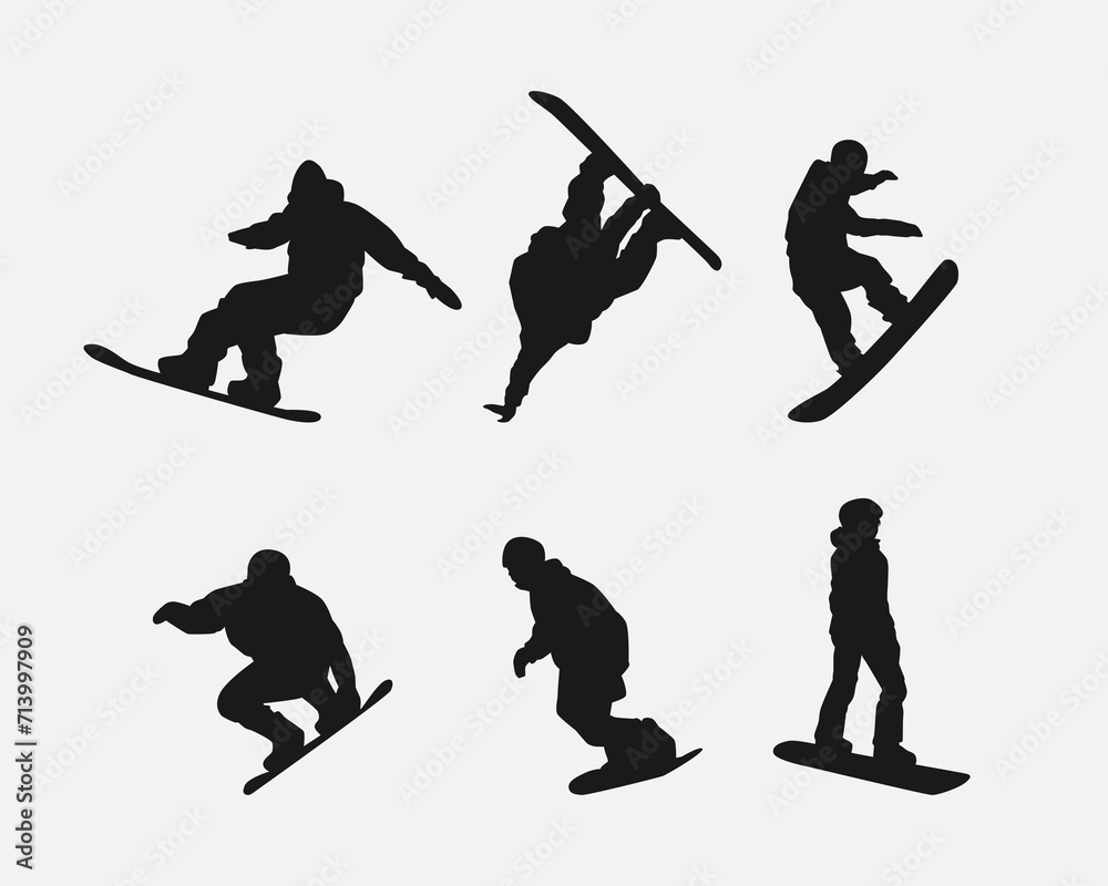 Vector set silhouettes of snowboarder. Snowboard sport. Isolated on white background.