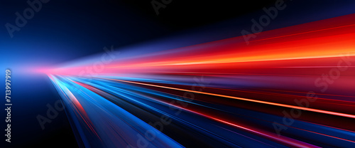 Abstract modern artwork with high speed sync blue and red lights background. Dark navy and orange tones, vibrant colorscape with high horizon lines. photo