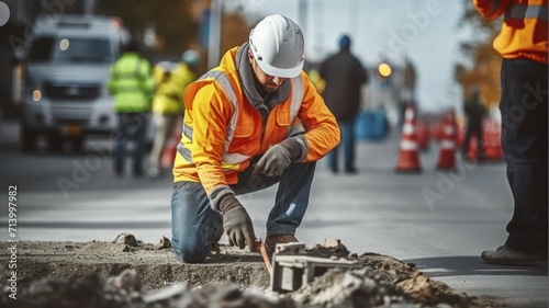 Worker in reflective vest in street during roadworks