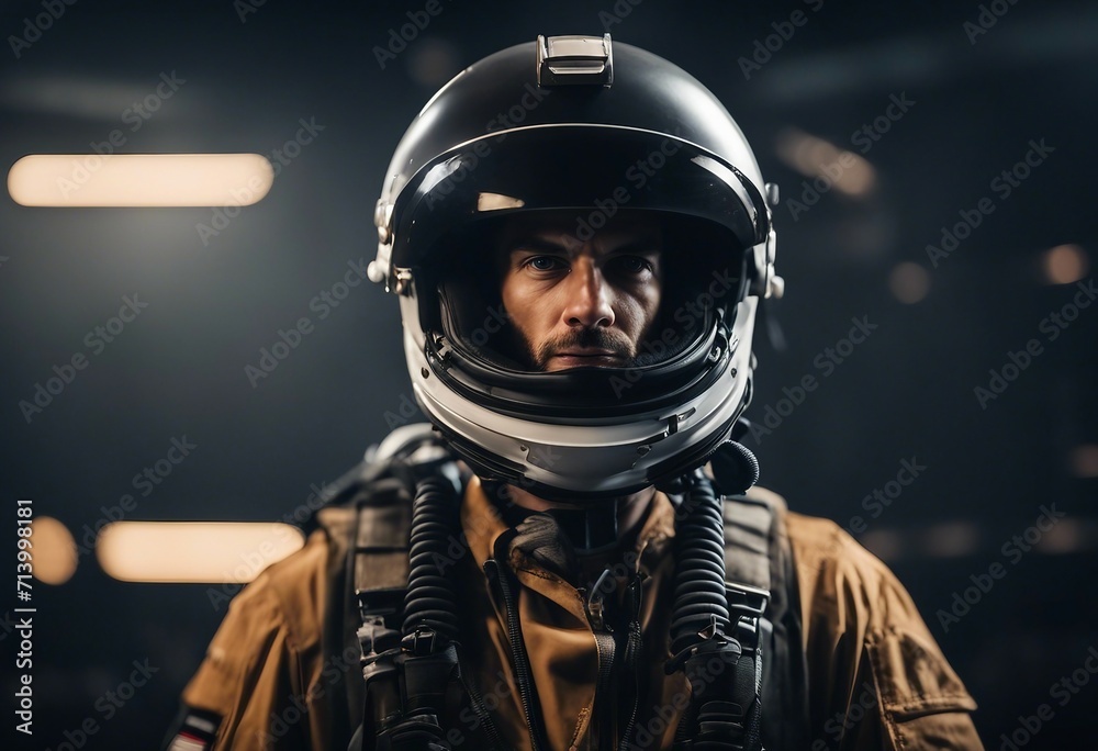 Portrait of fighter pilot wearing helmet on dark background with copy space