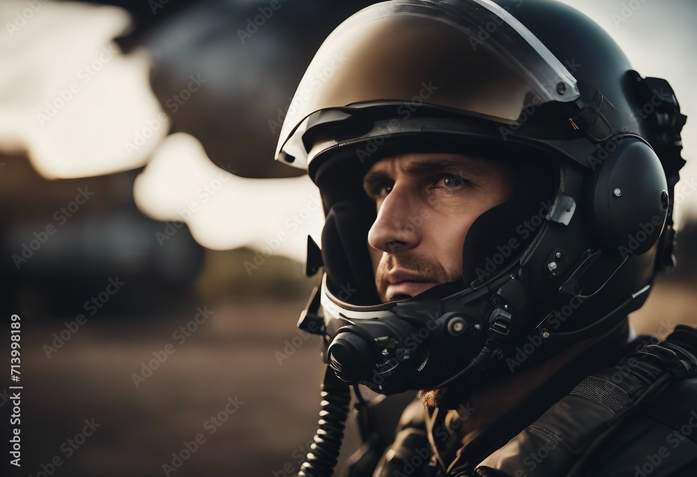 Portrait of fighter pilot wearing helmet on dark background with copy space Portrait of fighter pilot wearing helmet on dark background with copy space