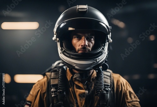 Portrait of fighter pilot wearing helmet on dark background with copy space © ArtisticLens