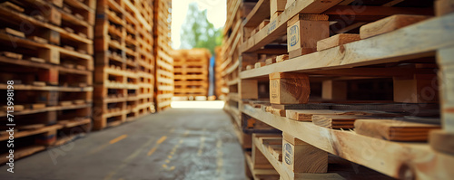 Wood pallet stack in warehouse emphasizes eco-friendly  sustainable features for shipping and supply chains. 