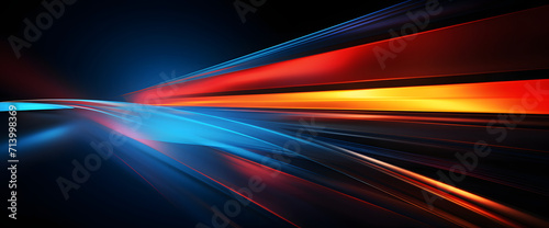 Abstract modern artwork with high speed sync blue and red lights background. Dark navy and orange tones, vibrant colorscape with high horizon lines. photo