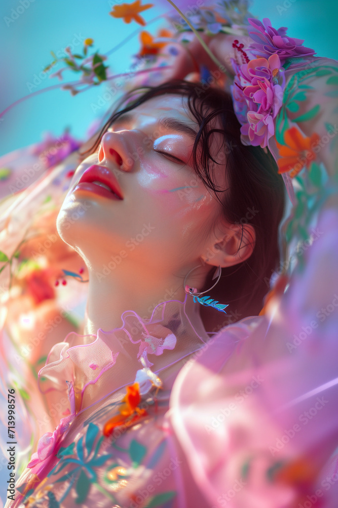  A tranquil portrait of a young woman adorned with vibrant flowers, bathed in the soft glow of natural sunlight. Colorful spring fashion ensemble, floral patterns, pastel colors. 