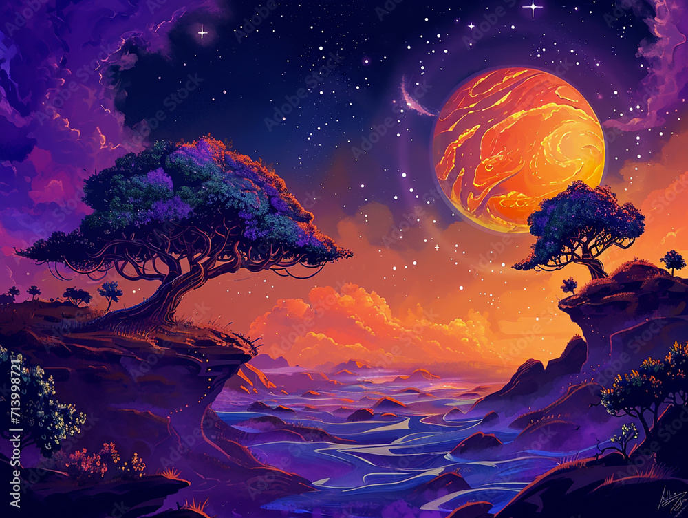 fantastic landscape with large-scale planetary body against starry sky, located above mystical, purple-orange sunset over ocean, outlines of trees with lush foliage on rocks, background, conceptual fantastic landscape with large-scale planetary body against starry sky, located above mystical, purple-orange sunset over ocean, outlines of trees with lush foliage on rocks, background, conceptual