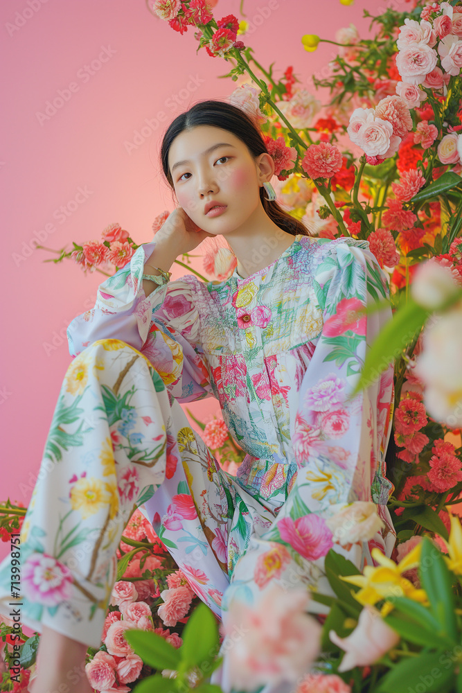 A poised woman in a floral dress stands against a vibrant backdrop of multi-colored blossoms, colorful spring fashion ensemble, featuring clothes adorned with floral patterns