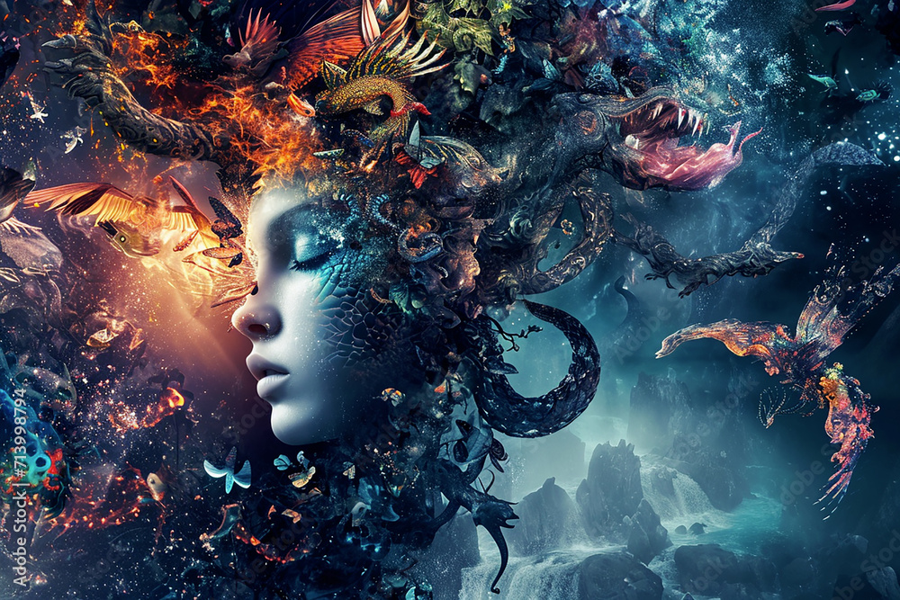 illustration, fantastic image of  female face with elements of flora and fauna, merging with starry sky and sea creatures, creating an atmosphere of magic and mysticism - obrazy, fototapety, plakaty 
