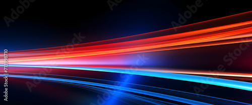 Abstract modern artwork with high speed sync blue and red lights background. Dark navy and orange tones, vibrant colorscape with high horizon lines.